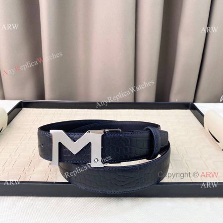 High Quality Copy Mont Blanc Silver Buckle Leather Belt 35mm for Mens